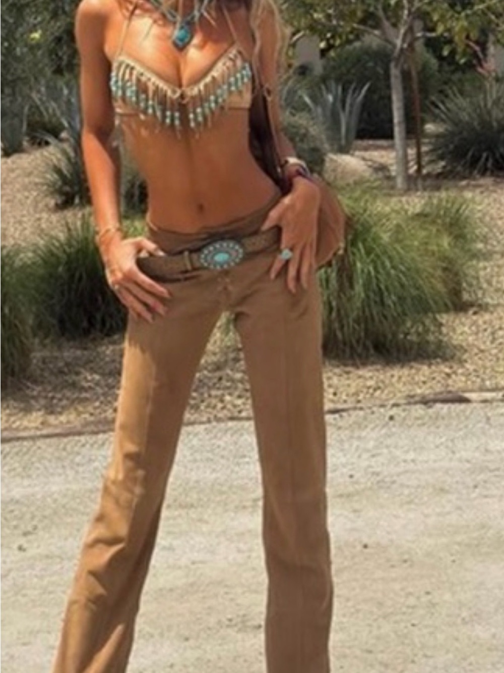 Beach Bunny Tan Fringe Beaded Bikini Top with Turquoise Accents 2 available